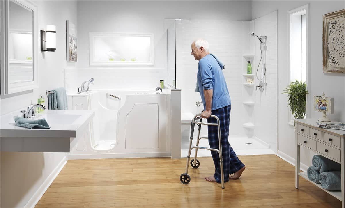 Man Using Walker to Get to Walk-In Tub