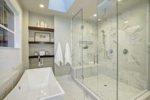 Amazing Master Bathroom With Large Glass Walk In Shower